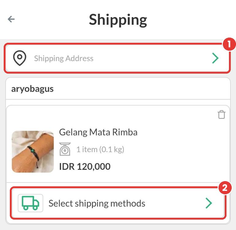 Contoh halaman checkout: ketuk Shipping Address lalu Select shipping methods